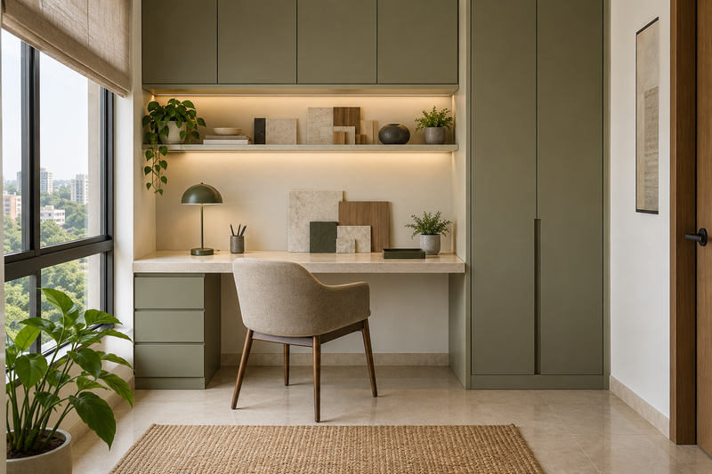AI interior concept: tidy minimalist home workspace with organised closed cabinetry and sample materials, pale stone and olive finishes.