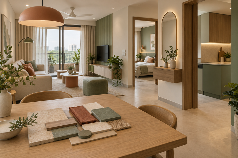 AI interior concept: coordinated oak ivory and soft green apartment interior with unlabelled material palette on table, ivory and understated terracotta finishes.