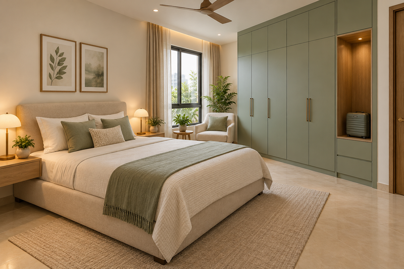 AI interior concept: welcoming guest bedroom with sage wardrobe, luggage niche and a reading chair.