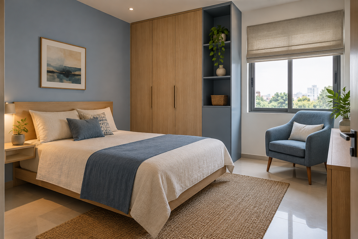 AI interior concept: uncluttered guest bedroom with simple bedside shelf reading chair and practical wardrobe, natural oak and muted blue finishes.