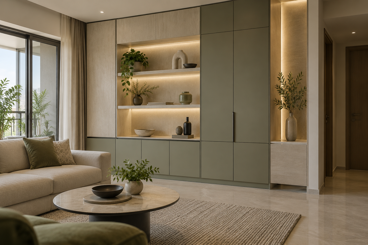 AI interior concept: refined living room cabinet with a few curated objects in lit niches and generous closed storage, pale stone and olive finishes.