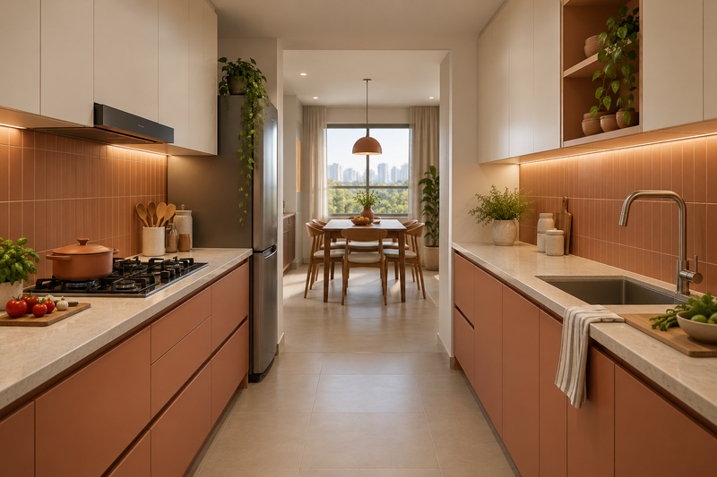 AI interior concept: well-planned parallel kitchen with clear preparation counters and coordinated storage for shared cooking, ivory and understated terracotta finishes.