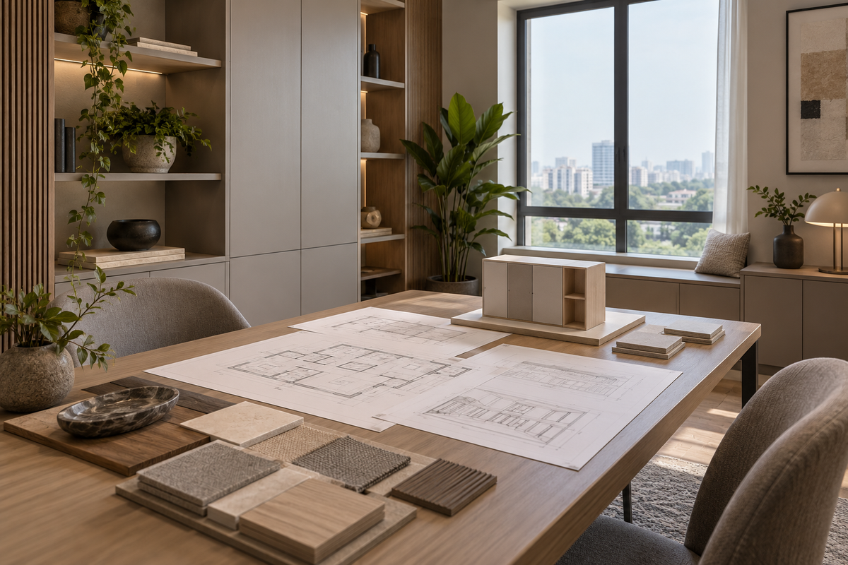 AI interior concept: apartment study with simple unlabelled miniature cabinet model and material swatches on a table, warm oak and ivory finishes.