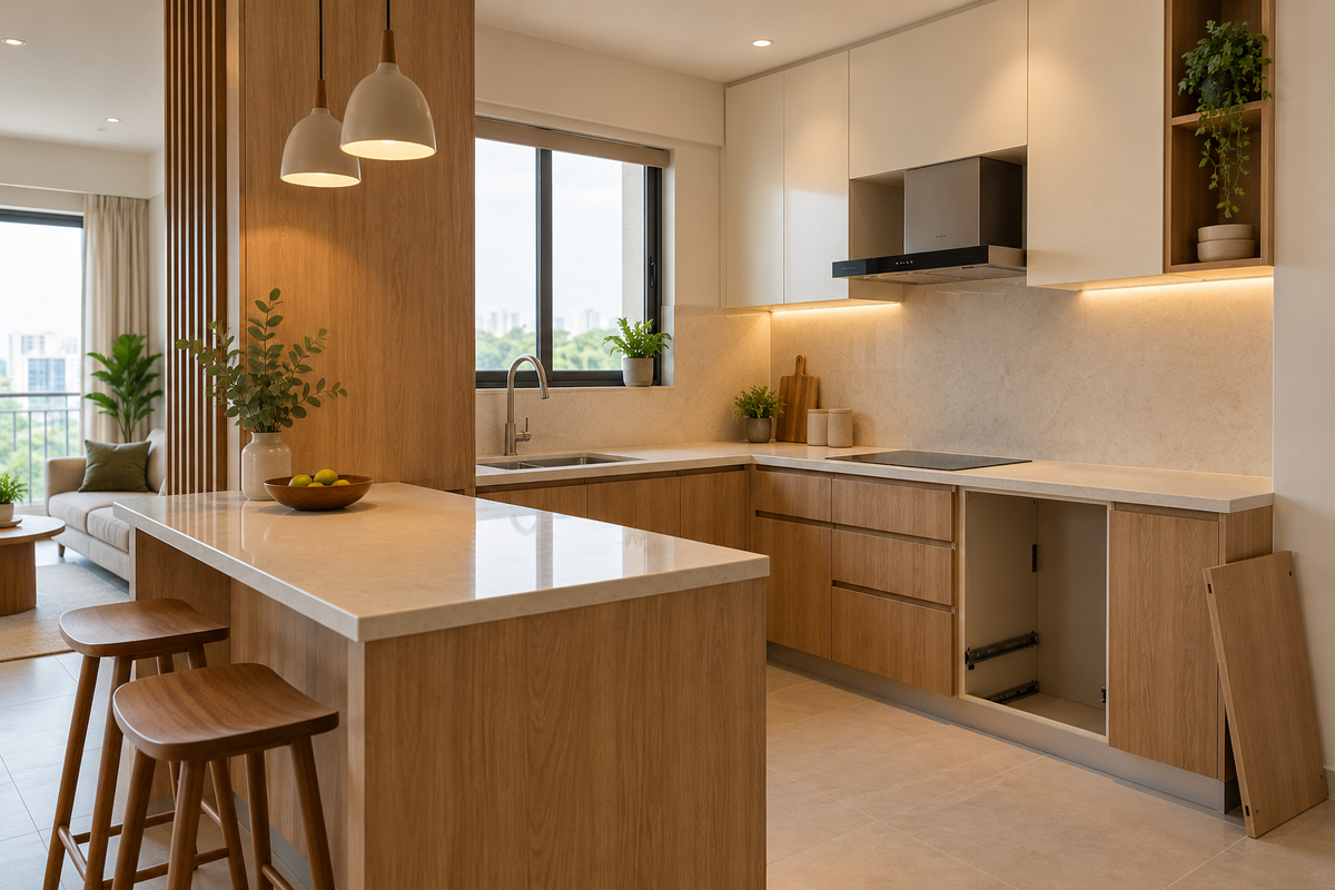 AI interior concept: apartment kitchen nearing completion with one orderly cabinet area awaiting final fitting, warm oak and ivory finishes.
