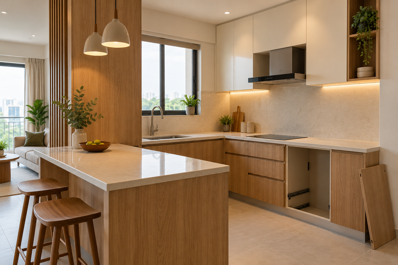 AI interior concept: apartment kitchen nearing completion with one orderly cabinet area awaiting final fitting, warm oak and ivory finishes.
