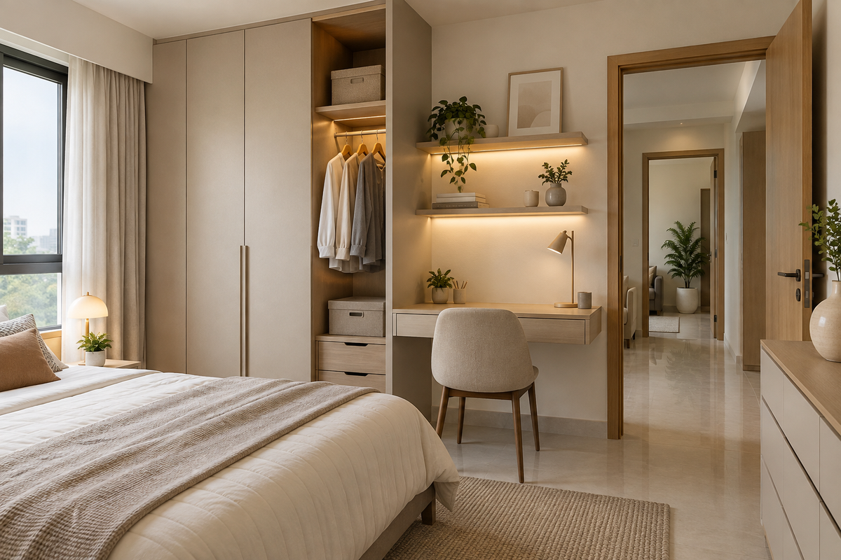 AI interior concept: finished apartment wardrobe and study area arranged for a detailed inspection, soft clay and cream finishes.