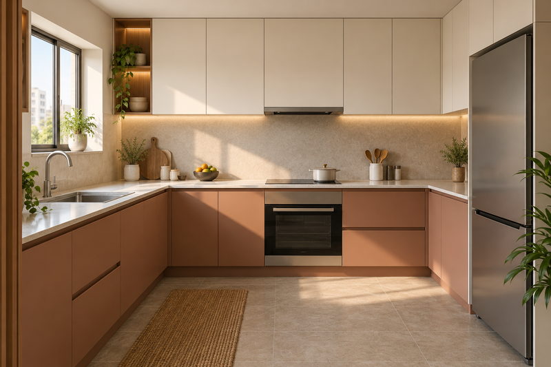 AI interior concept: white and clay modular kitchen with coordinated appliance openings and clear worktops.