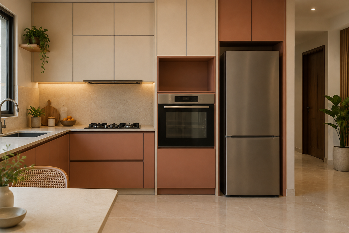 AI interior concept: precise modern kitchen cabinetry surrounding unbranded integrated oven and refrigerator niche, ivory and understated terracotta finishes.