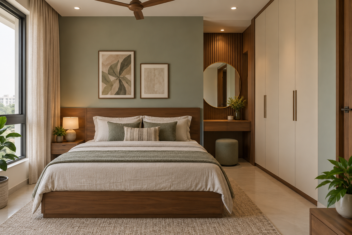AI interior concept: balanced bedroom composition with walnut bed light wardrobe and compact dressing niche, walnut and muted sage finishes.