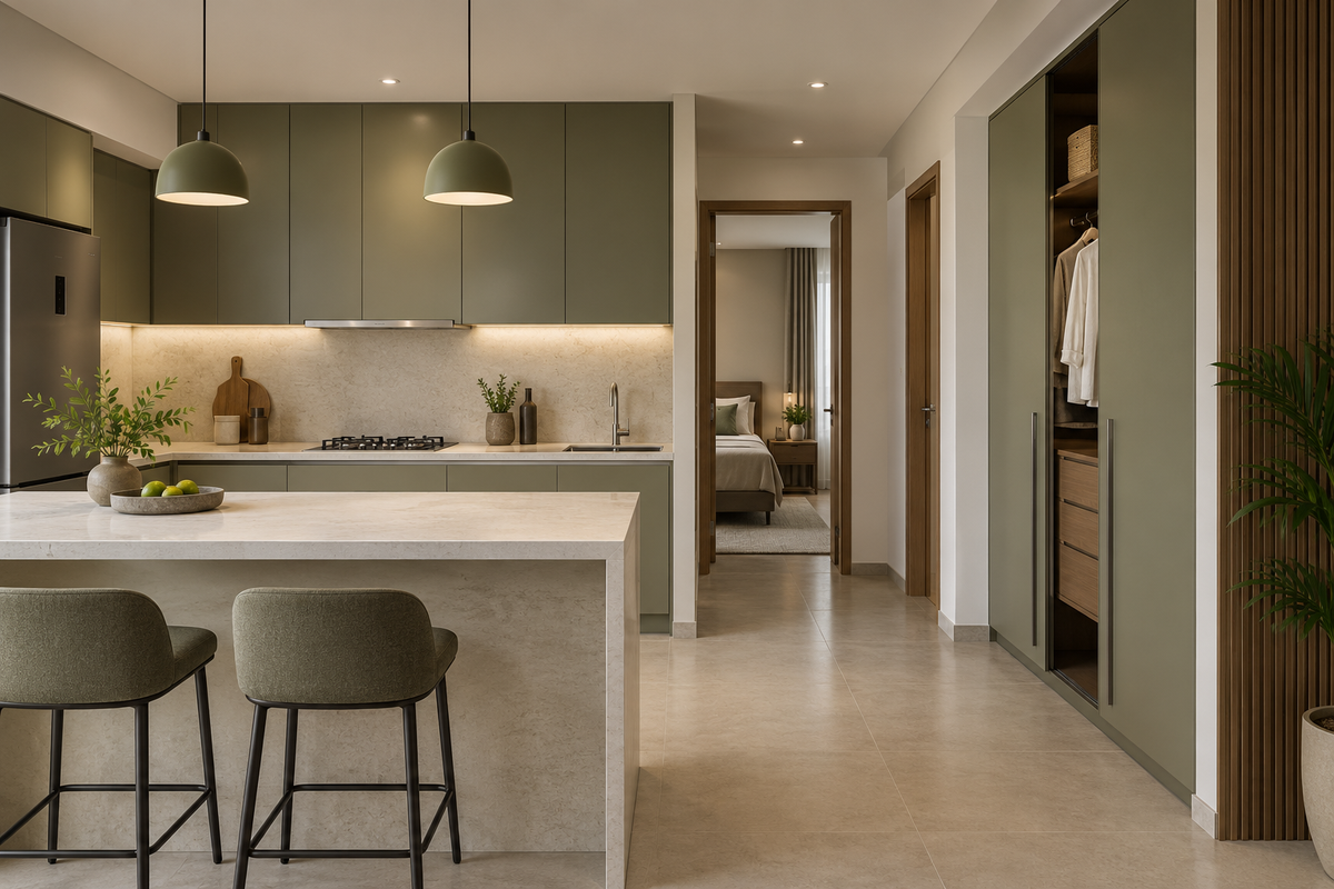 AI interior concept: immaculate finished kitchen and wardrobe surfaces with clear restrained material detailing, pale stone and olive finishes.
