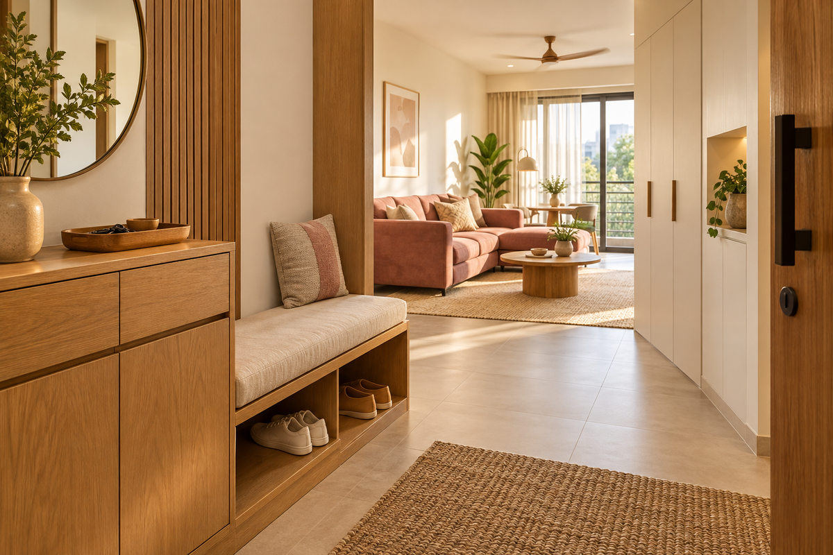 AI interior concept: oak entry storage with shoe bench opening into a warm family living room.