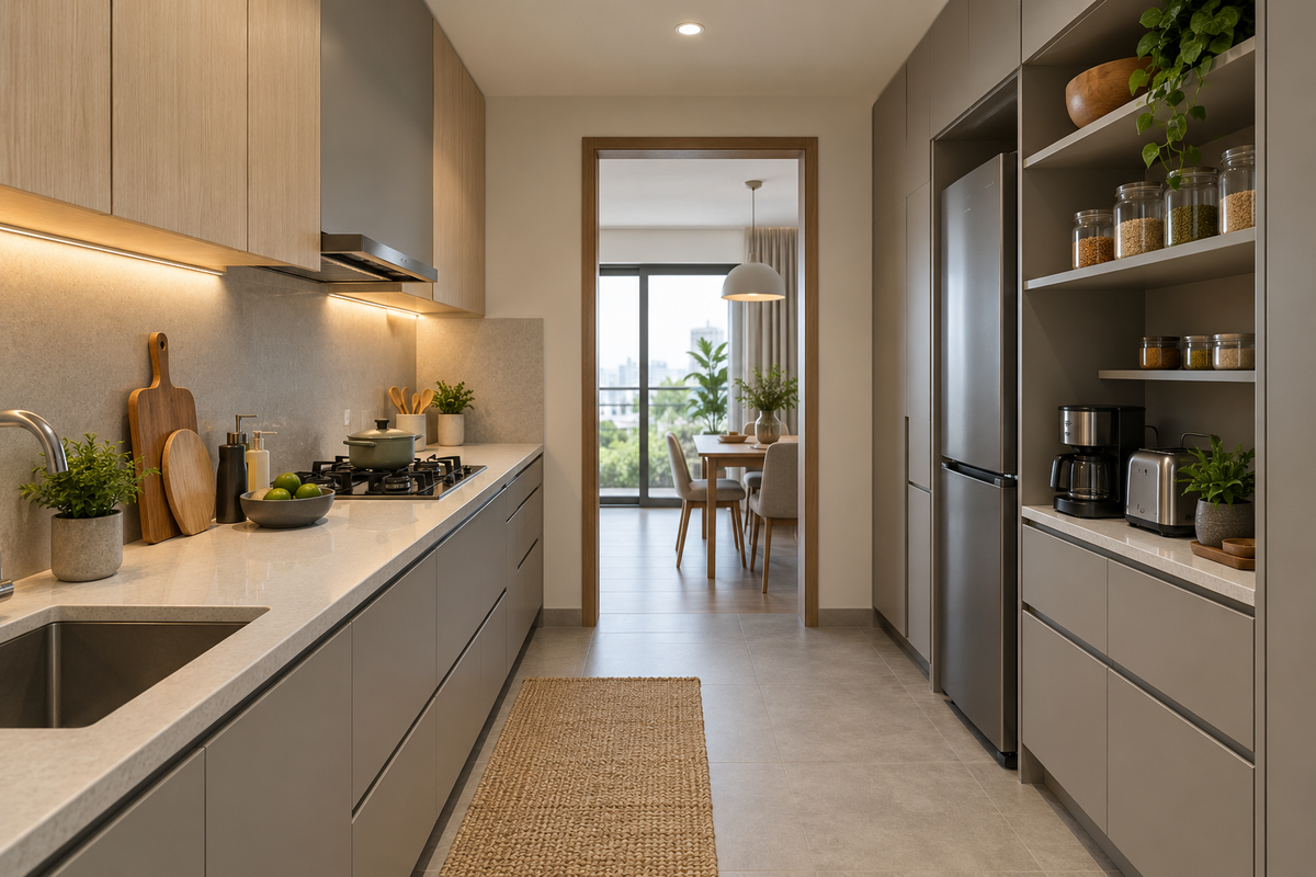 AI interior concept: functional modern kitchen with generous clear counter and coordinated pantry appliance storage, light ash and warm grey finishes.