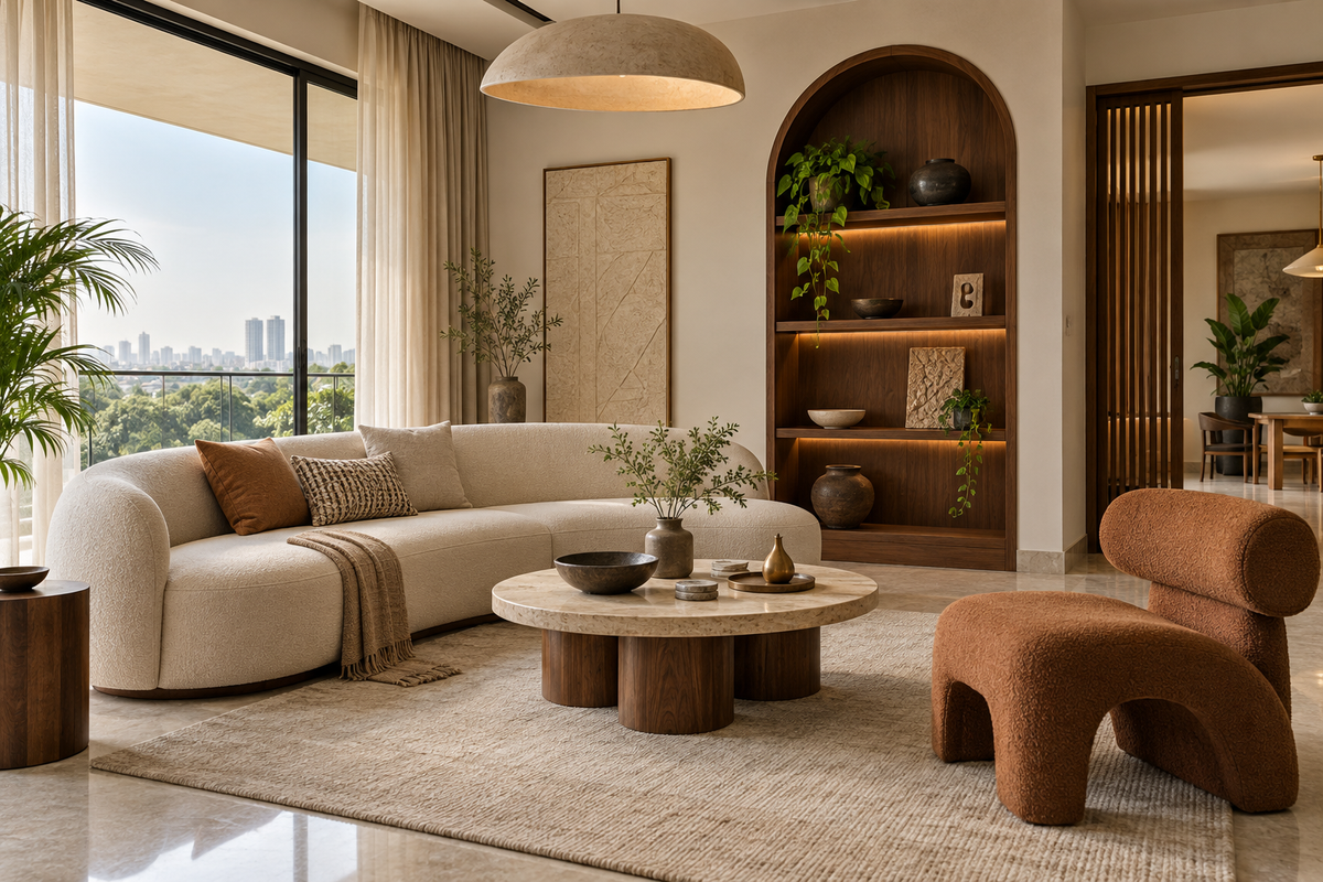 AI design illustration: Elegant Bangalore living room with curved cream sofa, walnut display niche and sculptural chair, professionally coordinated finishes