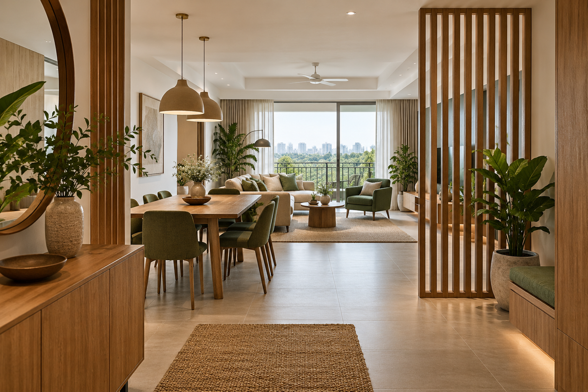 AI interior concept: Airy integrated apartment viewed from foyer through dining area toward open living space, oak slat partition and sage seating