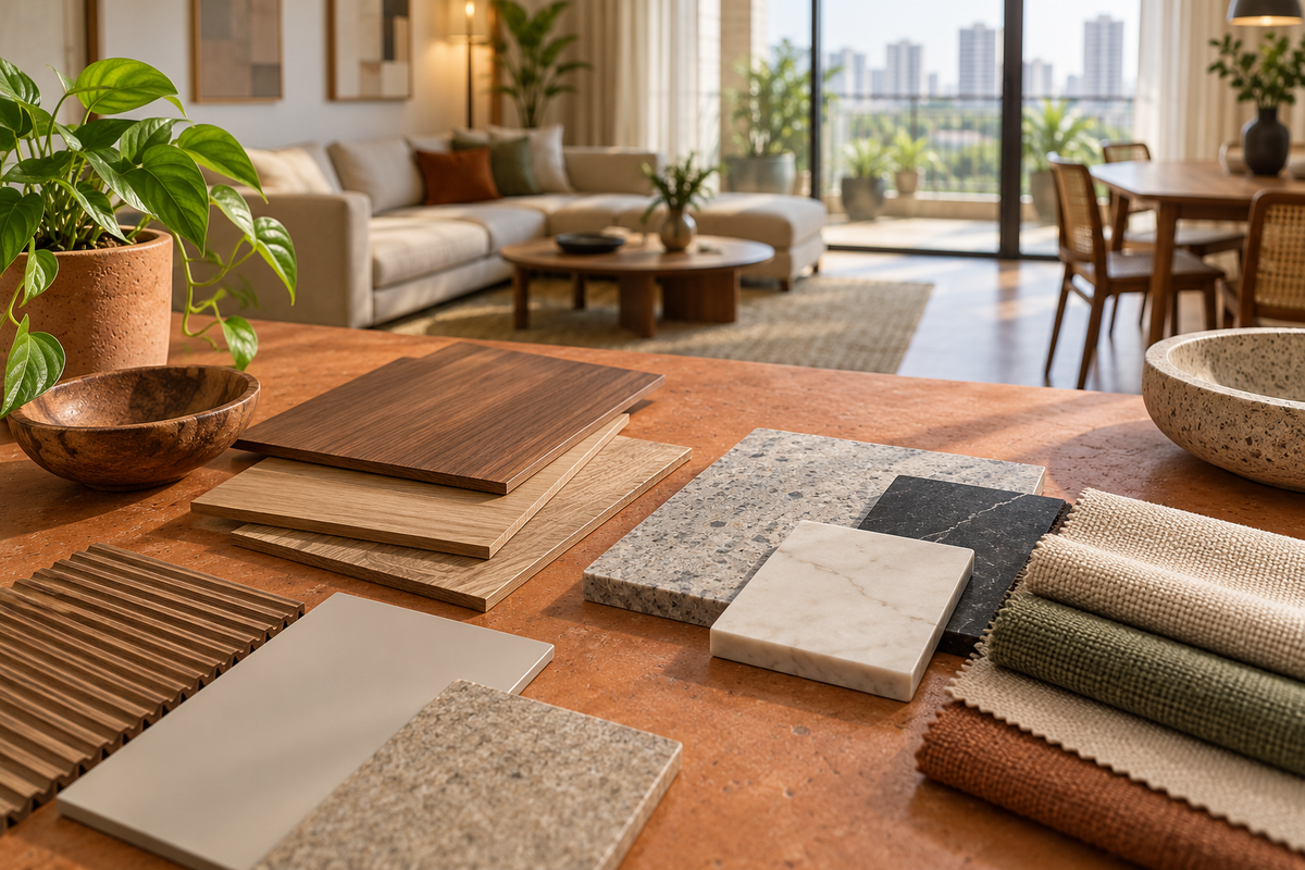AI interior concept: Interior budget planning still life, terracotta tabletop with unlabelled wood veneer, laminate, stone and fabric samples, apartment blurred behind