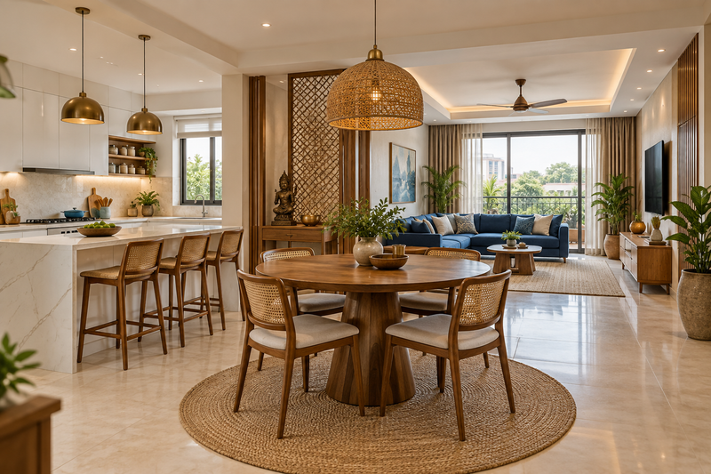 AI design illustration: Wide welcoming complete home with white kitchen on left, round dining centre and blue lounge at rear, coherent Indian contemporary design