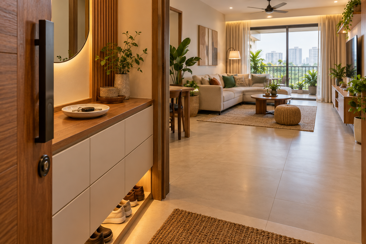 AI design illustration: Move-in-ready warm apartment entrance, keys in plain ceramic dish, fitted shoe cabinet and finished living room beyond