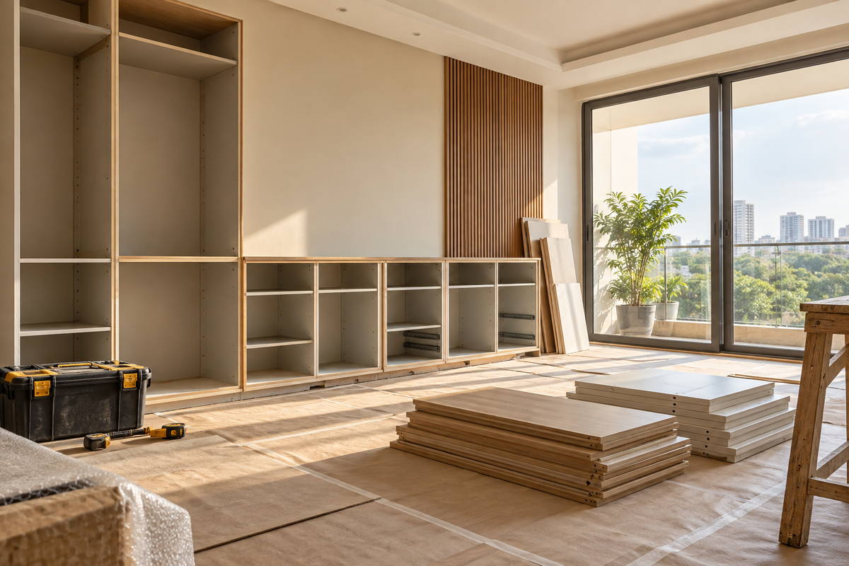 AI interior concept: Tidy interior installation in progress, unfinished cabinet carcasses, protected floor and neatly stacked panels in sunlit apartment