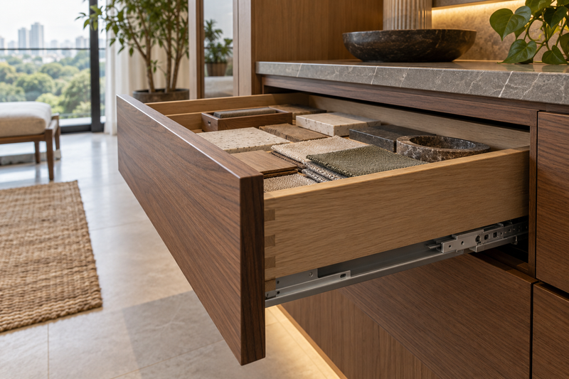 AI interior concept: Close detailed inspection scene of open premium cabinet drawer, visible concealed runners, clean joinery and textured sample swatches