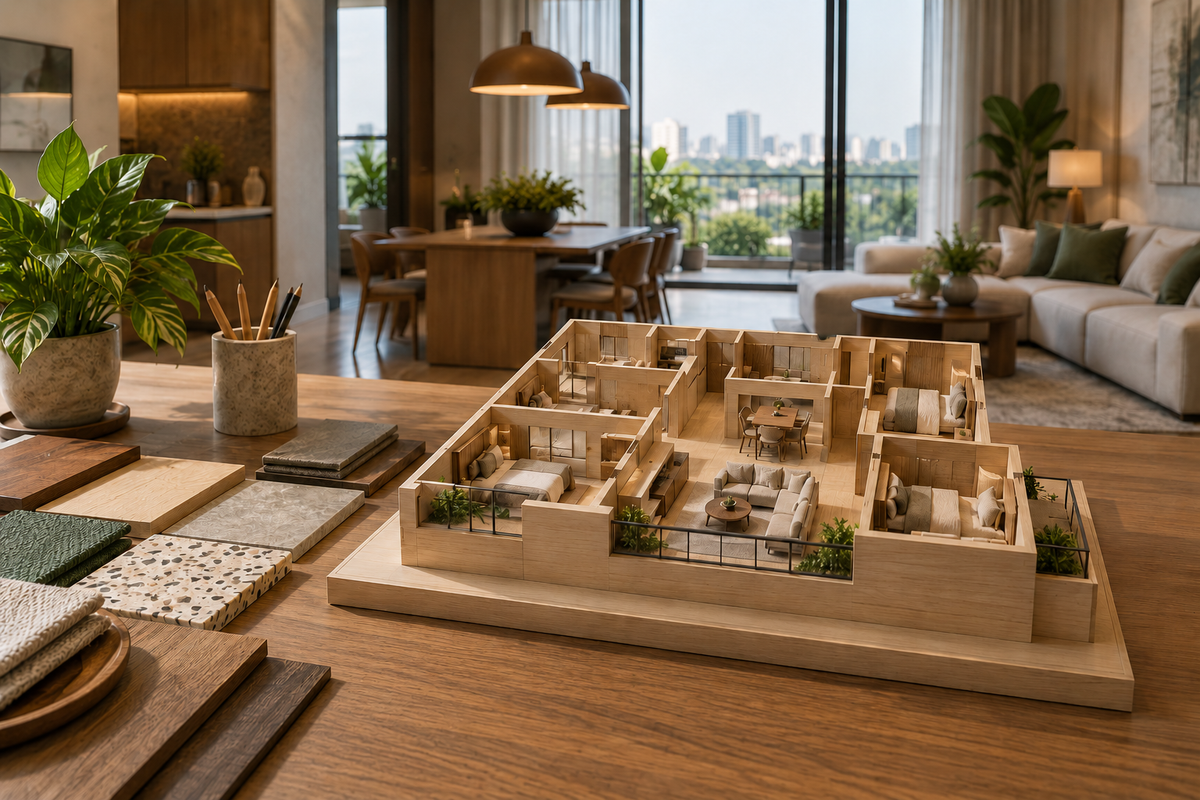 AI design illustration: Architectural wooden apartment model beside coordinated materials on drafting table, completed interior visible softly behind