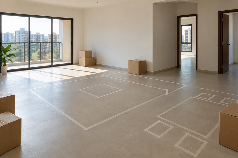 AI interior concept: Empty new apartment with simple unmarked cardboard moving boxes and carefully laid out furniture footprint using plain tape