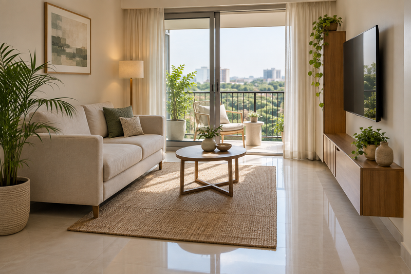 AI design illustration: Compact living room demonstrating generous circulation, correctly scaled loveseat, slim storage and unobstructed balcony doorway