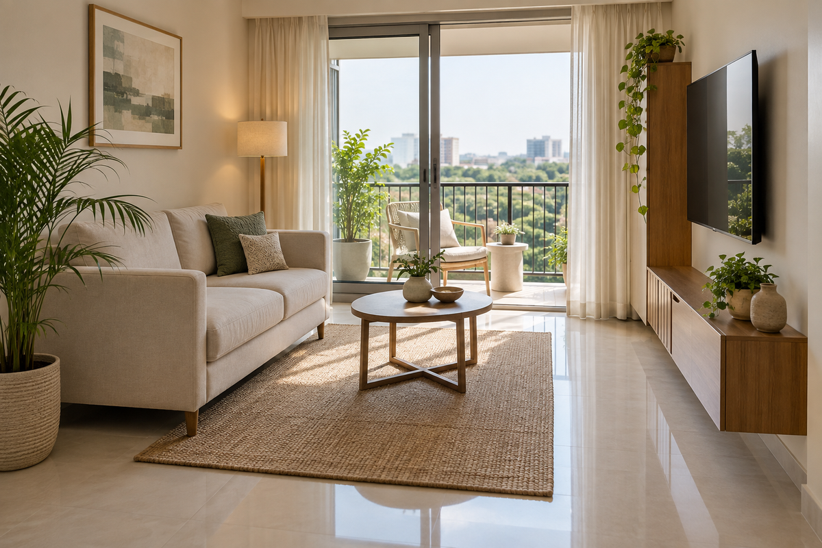 AI interior concept: Compact living room demonstrating generous circulation, correctly scaled loveseat, slim storage and unobstructed balcony doorway