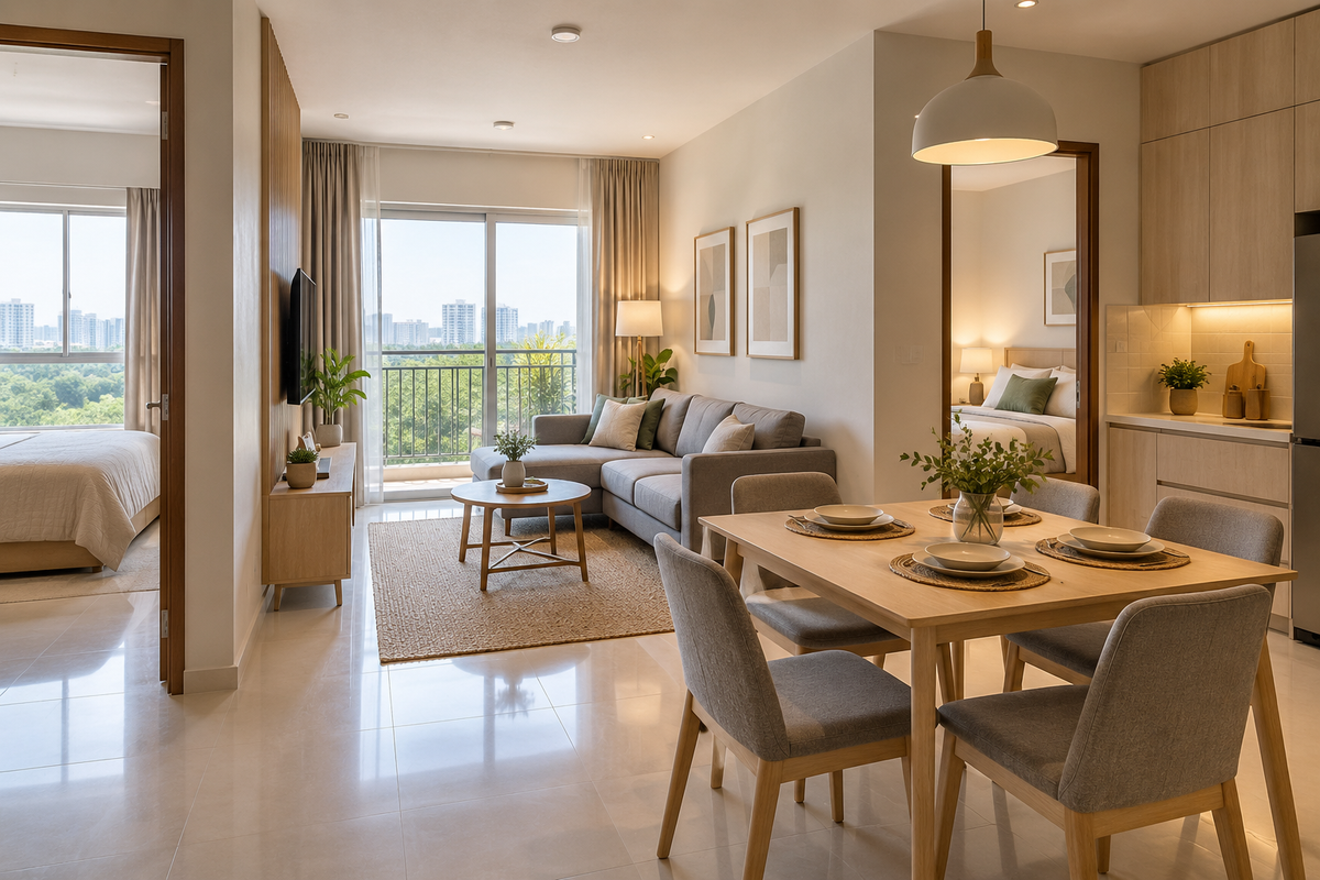 AI interior concept: Practical affordable two-bedroom apartment living dining, light laminate cabinets, grey compact sofa and four-seat dining