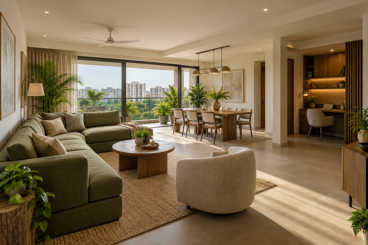 AI design illustration: Spacious three-bedroom family apartment central lounge, olive sectional, six-seat dining and discreet study alcove