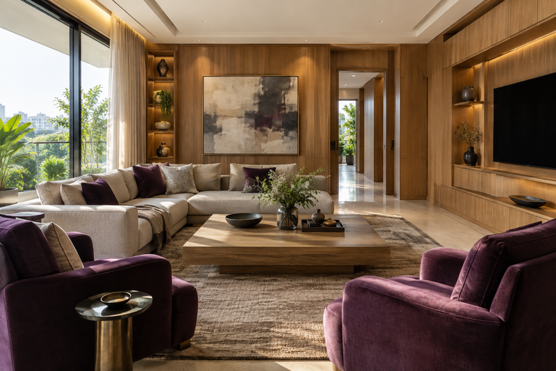 AI interior concept: Refined four-bedroom home family lounge with deep plum chairs, oak wall panels and extensive integrated storage