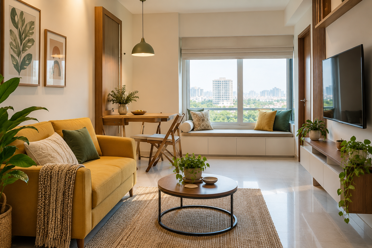 AI design illustration: Small cheerful apartment with mustard loveseat, foldaway dining table, wall-mounted TV cabinet and window seat