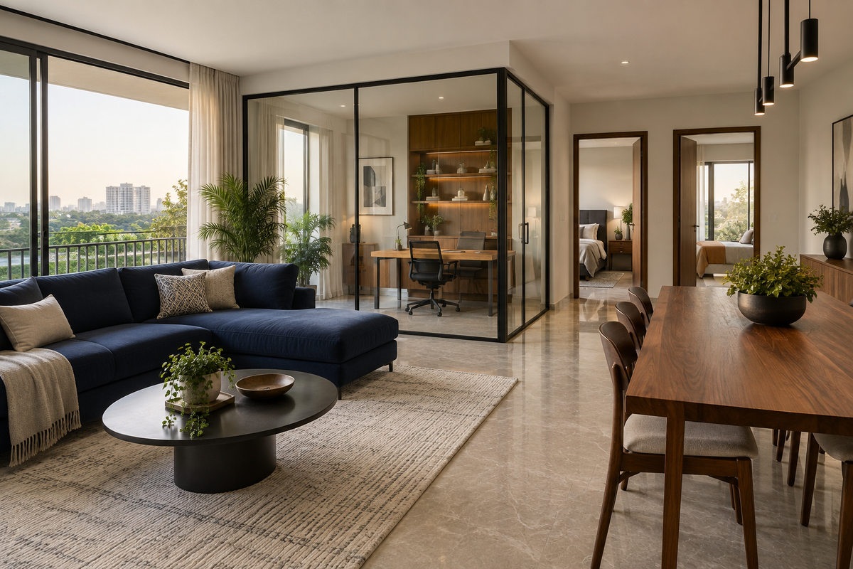 AI interior concept: Modern three-bedroom home with glass-separated study, navy sofa and linear walnut dining table