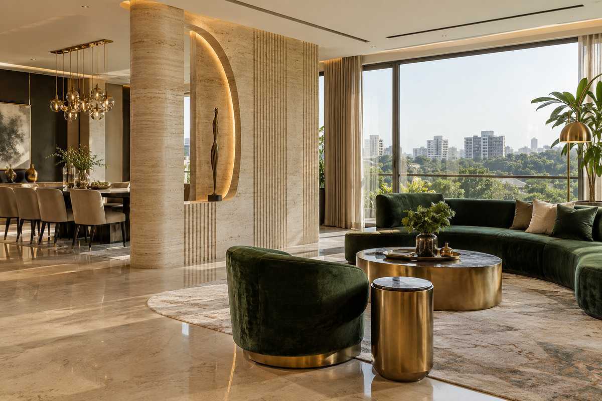 AI design illustration: Luxury large apartment with sculpted travertine partition, champagne accents, emerald velvet seating and large windows