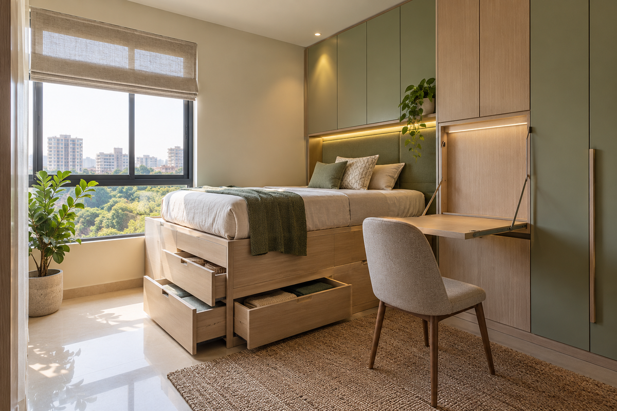AI interior concept: Space-saving studio corner with raised storage bed, pull-out drawers, fold-down desk and vertical cupboards