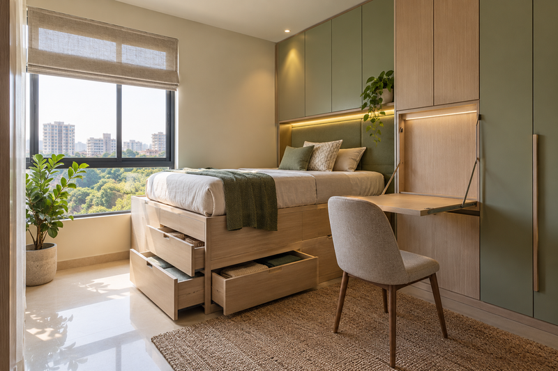 AI interior concept: Space-saving studio corner with raised storage bed, pull-out drawers, fold-down desk and vertical cupboards