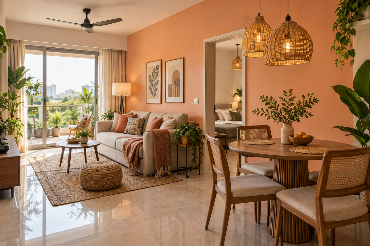 AI interior concept: First-home apartment with warm peach wall, rattan pendants, adaptable furniture and inviting small dining nook