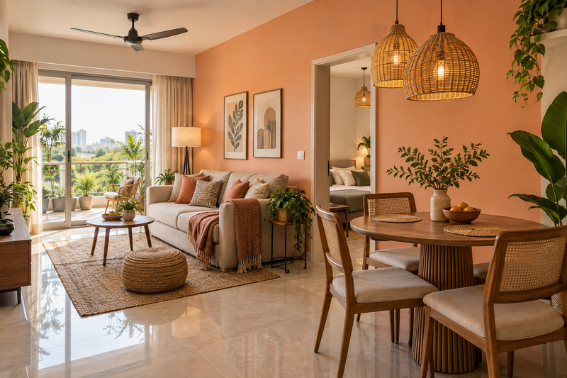 AI interior concept: First-home apartment with warm peach wall, rattan pendants, adaptable furniture and inviting small dining nook