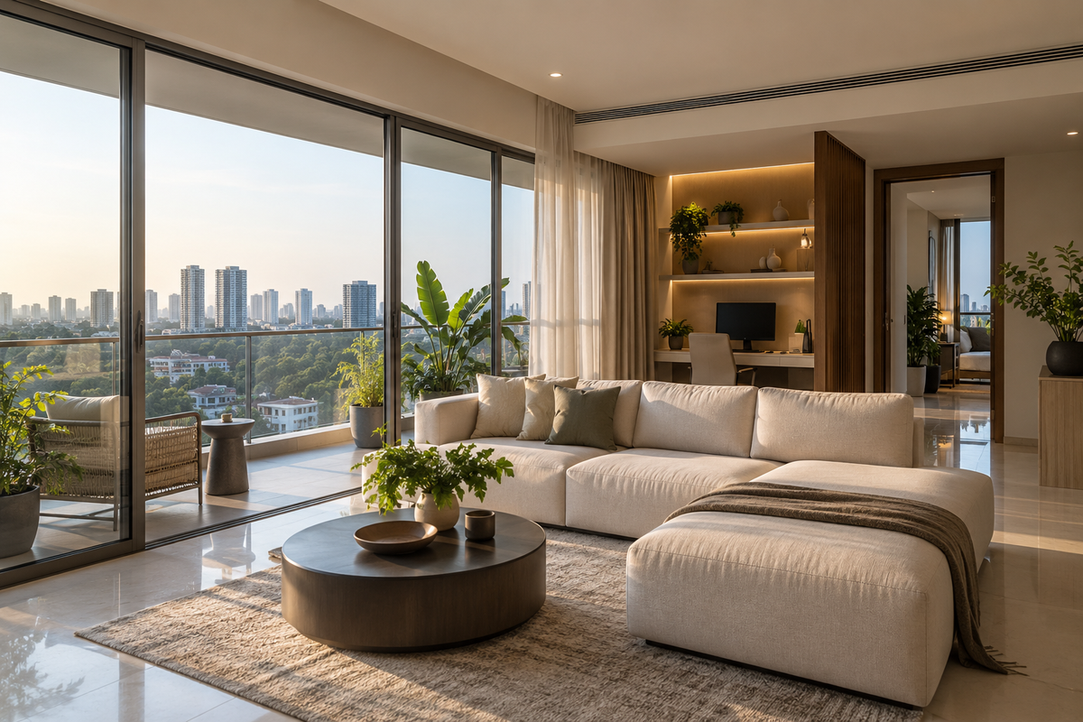 AI design illustration: Whitefield-inspired modern high-rise apartment concept, long balcony glazing, low sectional and integrated work nook