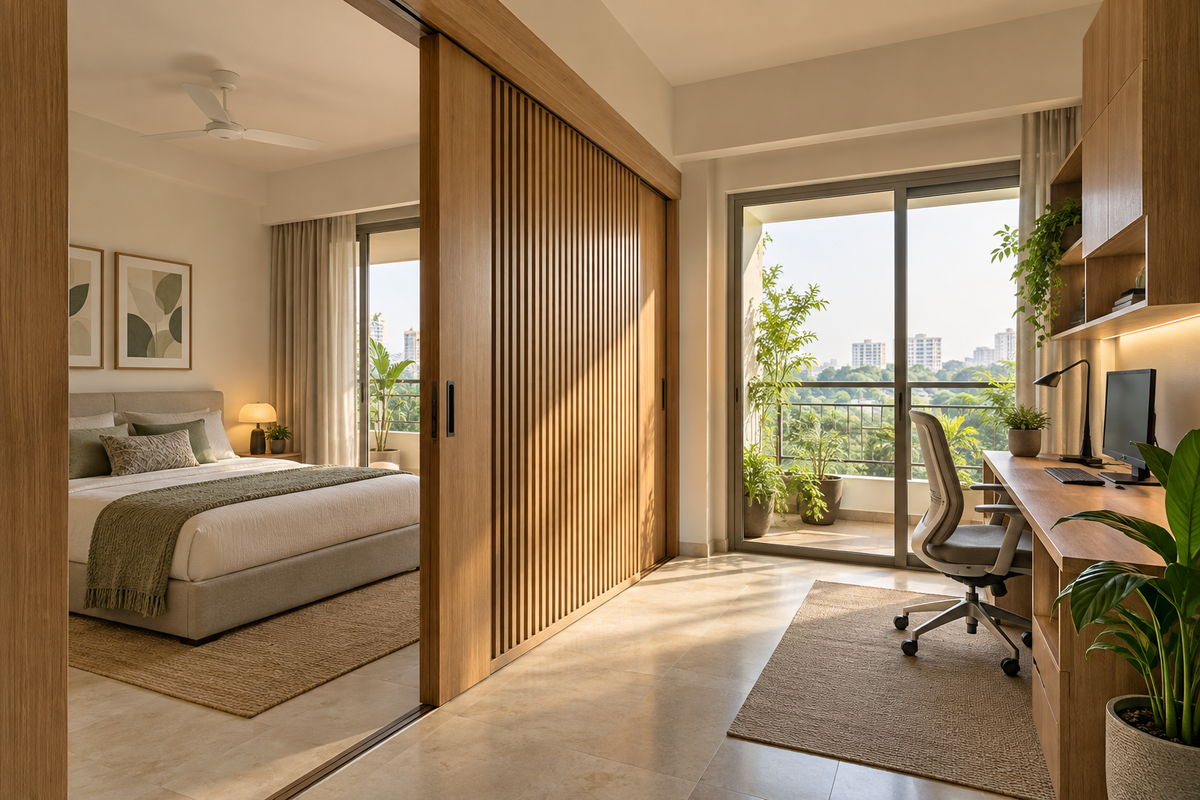 AI design illustration: Flexible Sarjapur Road apartment concept with sliding timber partition between guest room and home office