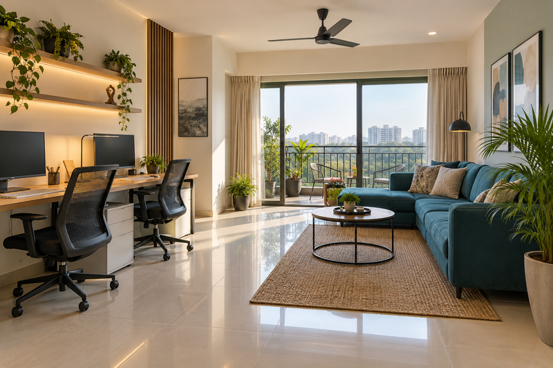 AI design illustration: Electronic City apartment concept with practical dual workstation, easy-care tile floor and teal lounge