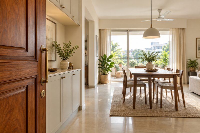 AI interior concept: renovation concept, refreshed older apartment with restored teak door, new pale cabinetry and airy dining