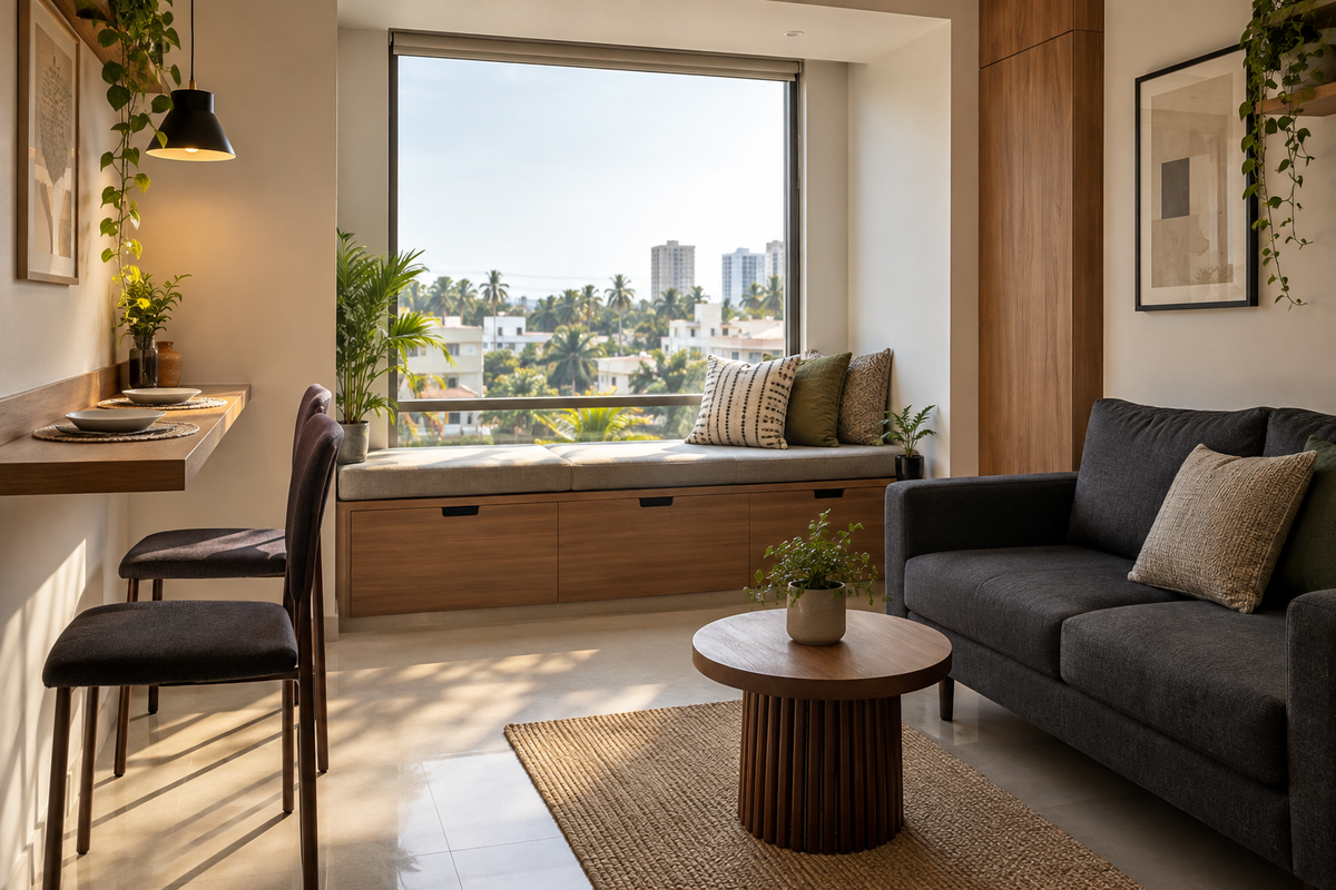 AI design illustration: Koramangala compact apartment concept, built-in window bench with storage, narrow dining ledge and charcoal loveseat