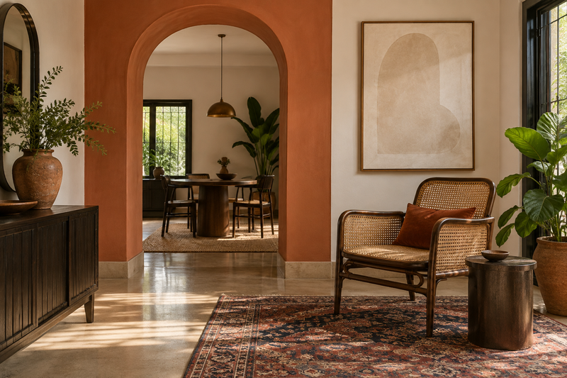 AI design illustration: Indiranagar expressive home concept with terracotta arch, vintage cane chair, patterned rug and blank abstract artwork