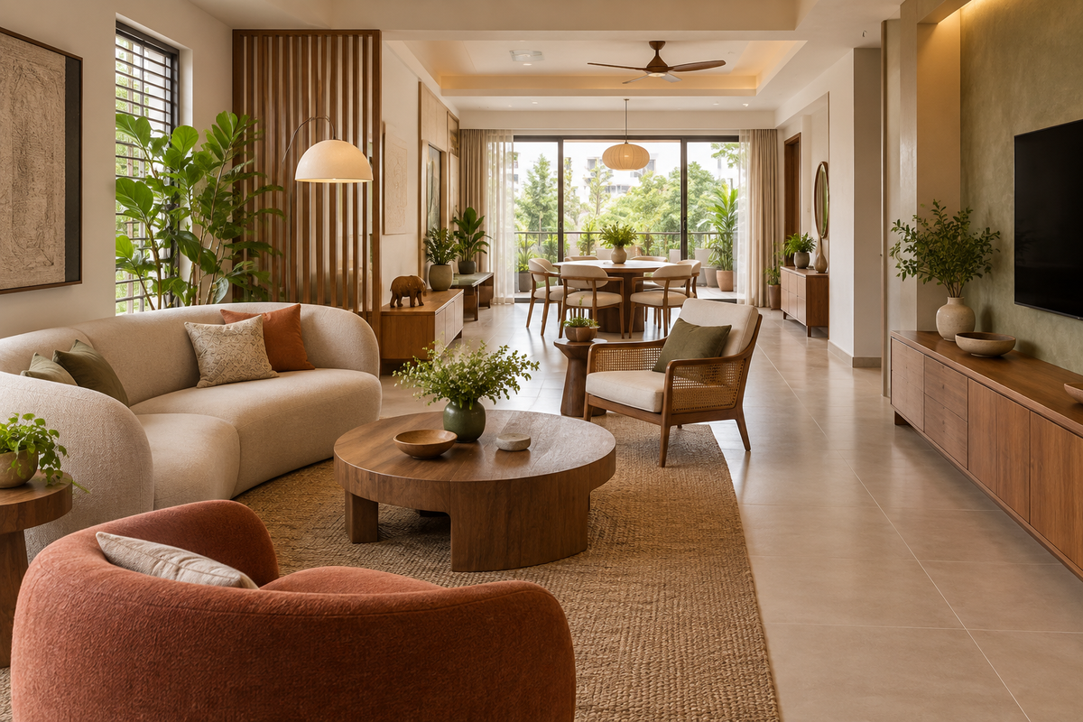 AI design illustration: JP Nagar family home concept with broad clear walkway, rounded furniture, multigenerational seating and low storage