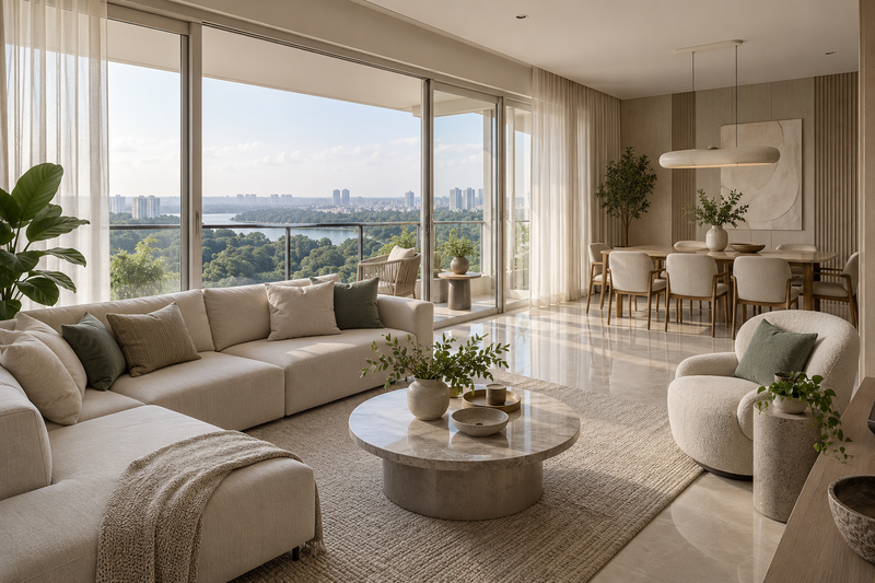 AI design illustration: Hebbal high-rise apartment concept with diffused daylight, sheer curtains, pale reflective finishes and city treetops