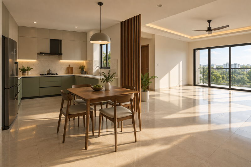 AI design illustration: Yelahanka phased interior concept, completed essential kitchen and simple dining beside unfurnished sunny living zone