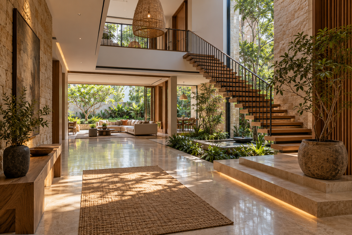 AI design illustration: Devanahalli villa concept with double-height entry, open staircase, warm stone and courtyard garden
