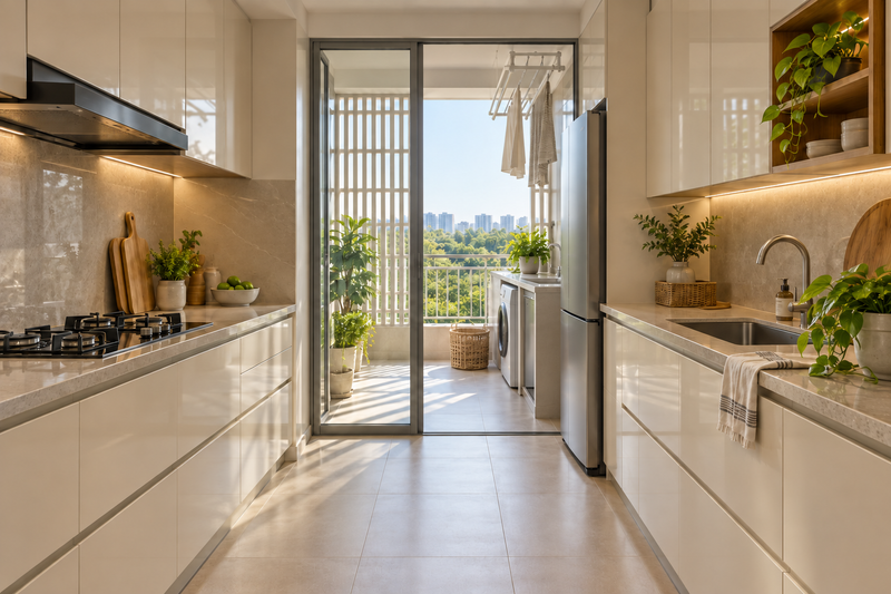 AI interior concept: apartment kitchen and utility concept, parallel cream cabinets opening to ventilated laundry balcony