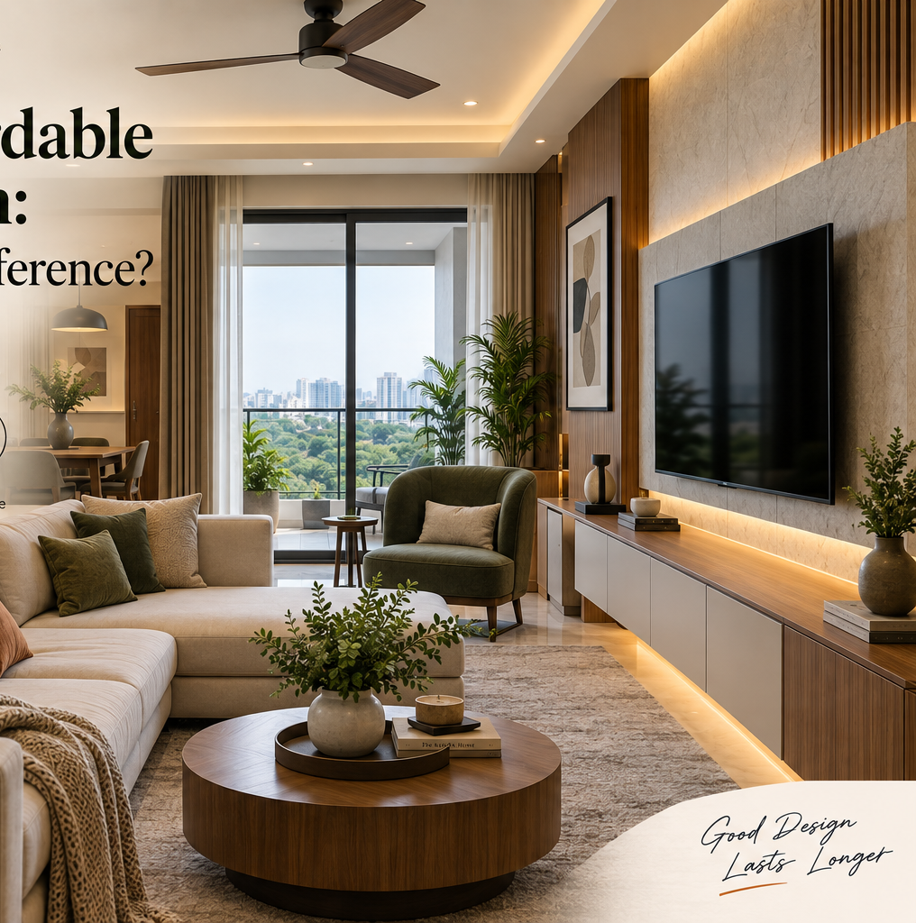 Modern Indian home interior illustrating the difference between cheap and affordable interior design through balanced materials and thoughtful planning