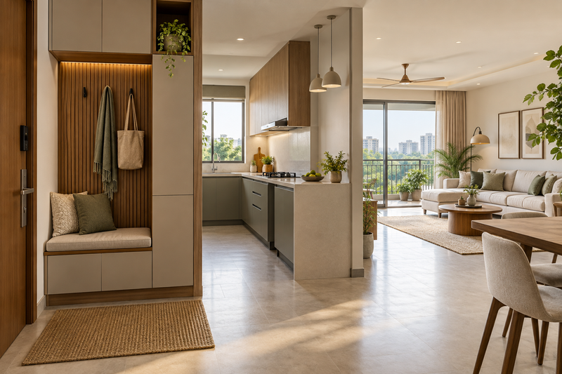 AI design illustration: Thanisandra new-home concept, pristine entry storage with bench, adjacent fitted kitchen and uncluttered living area